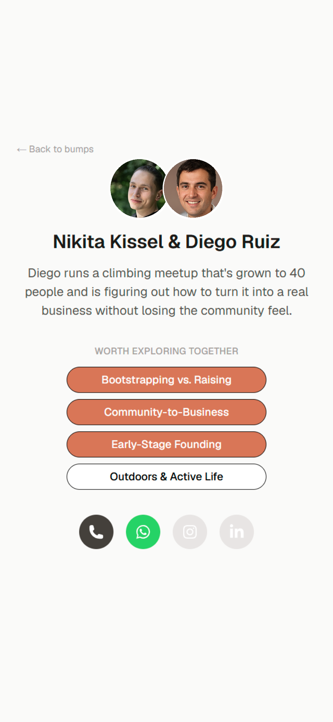 Bump match screen: two people and the topics worth exploring together