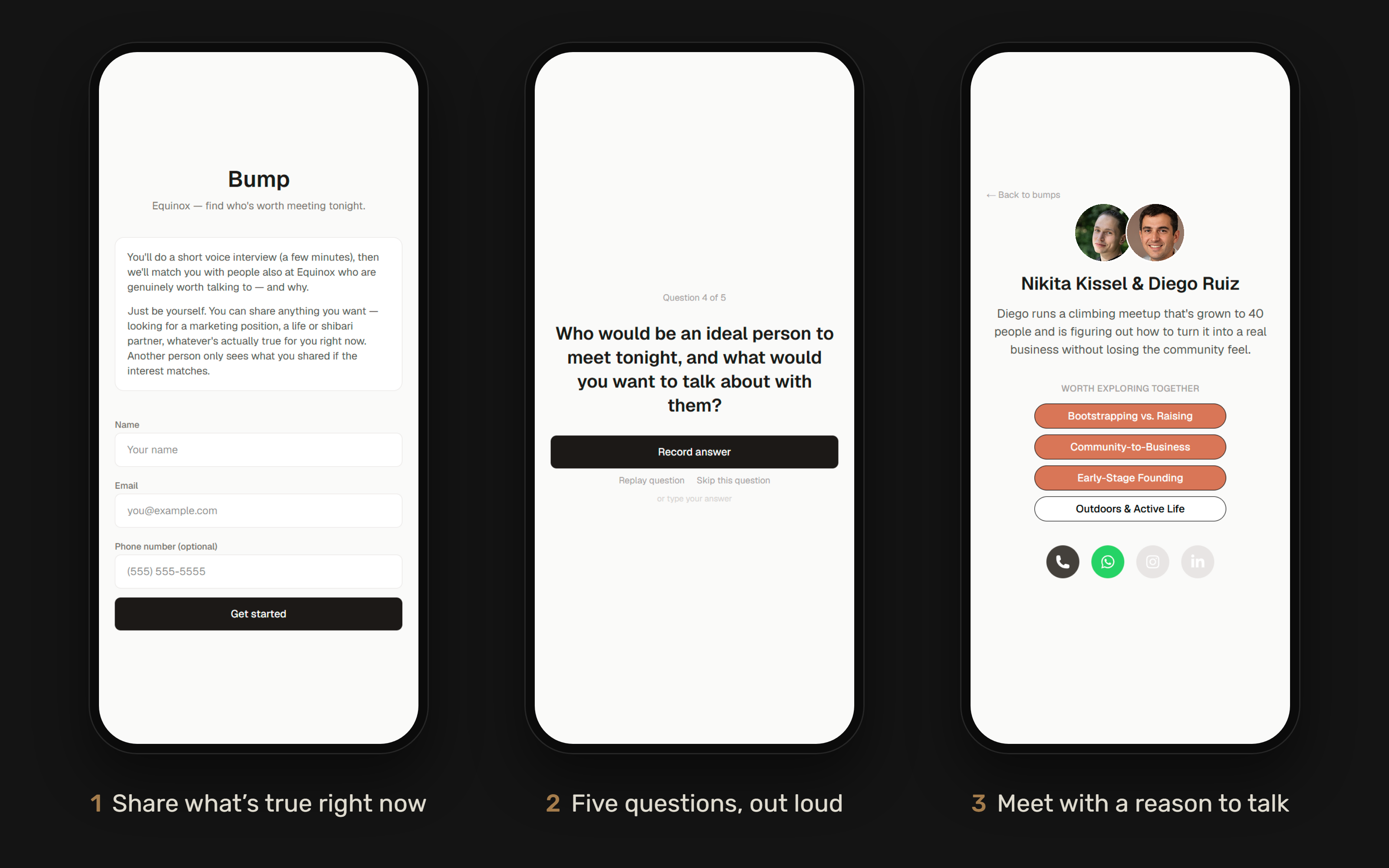 Three Bump screens: joining the event, answering a voice question, and a match with topics worth exploring together